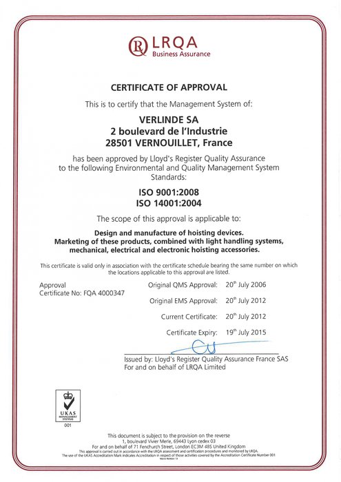 VERLINDE SA is gecertificeerd volgens de norm ISO 14001 – 2004